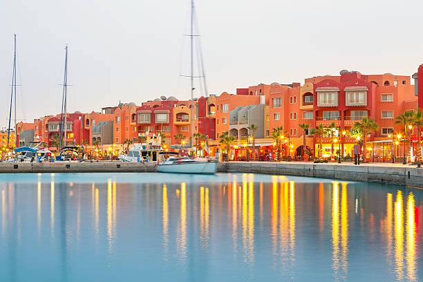 Beautiful architecture of Hurghada Marina at dusk in Egypt